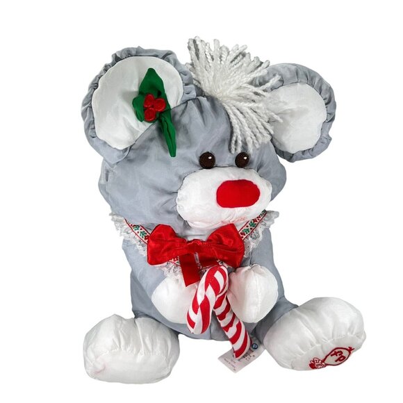 Fisher-Price Other - Vtg Fisher Price Gray Christmas Holiday Mouse Candy Cane Plush Nylon 13" 1987